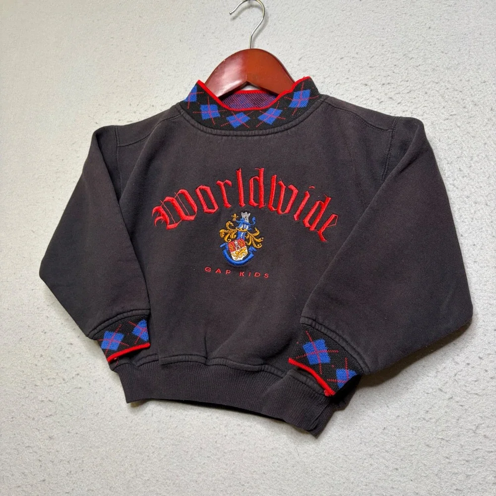 Gap Kids Sweatshirt Unisex 2-4T Blk Worldwide Crest Argyle Vintage 90s Mockneck